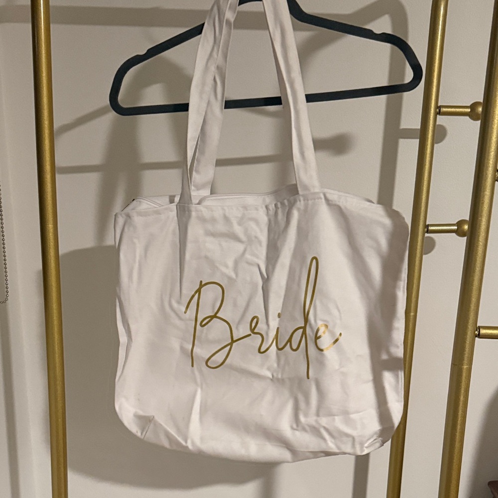 Chic White Bride Tote with Gold Lettering